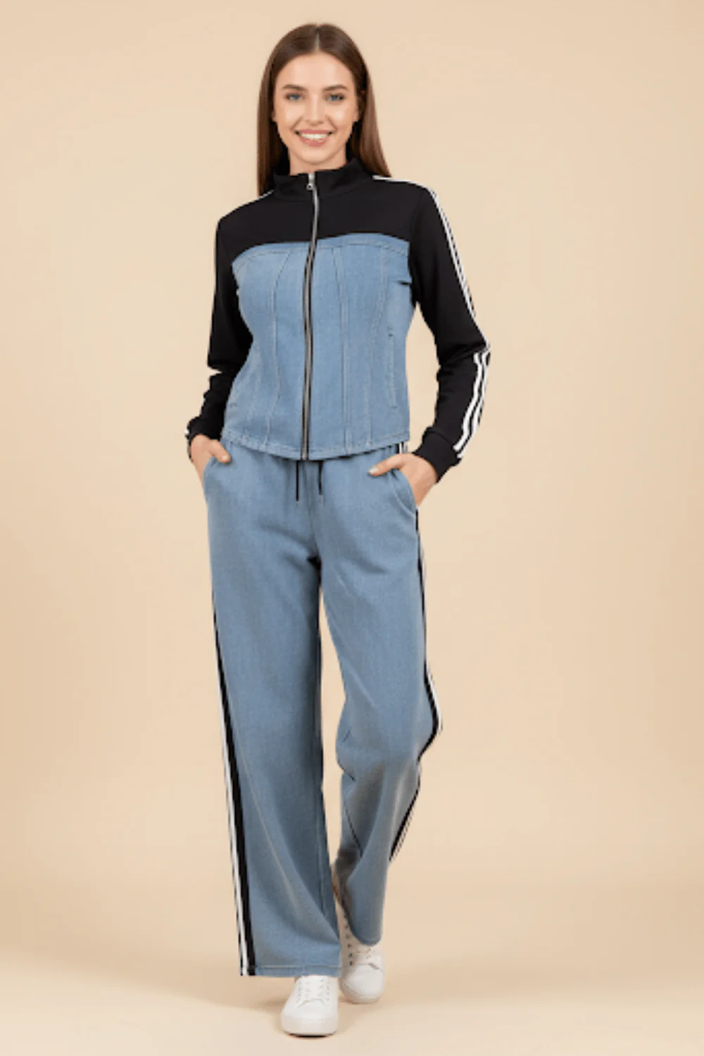 Ensemble veste pantalon femme denim assorti ��l��gance coordonn��e