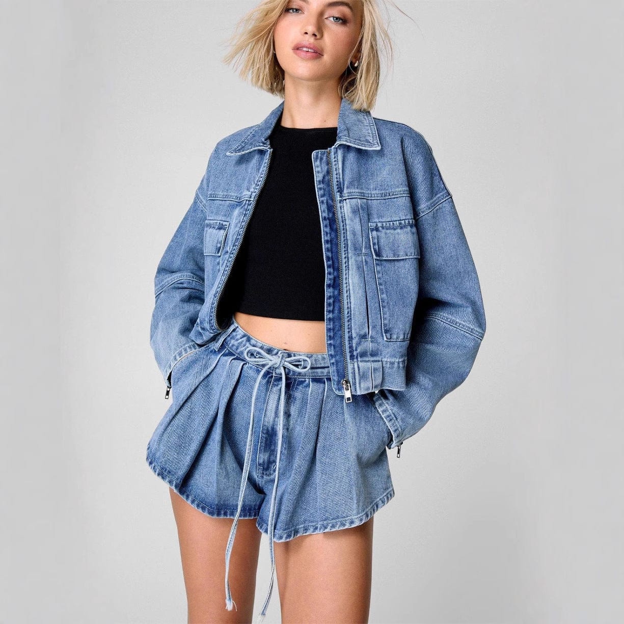 Veste jean femme oversize courte fermeture ��clair poches utilitaires - MAX FOR ME