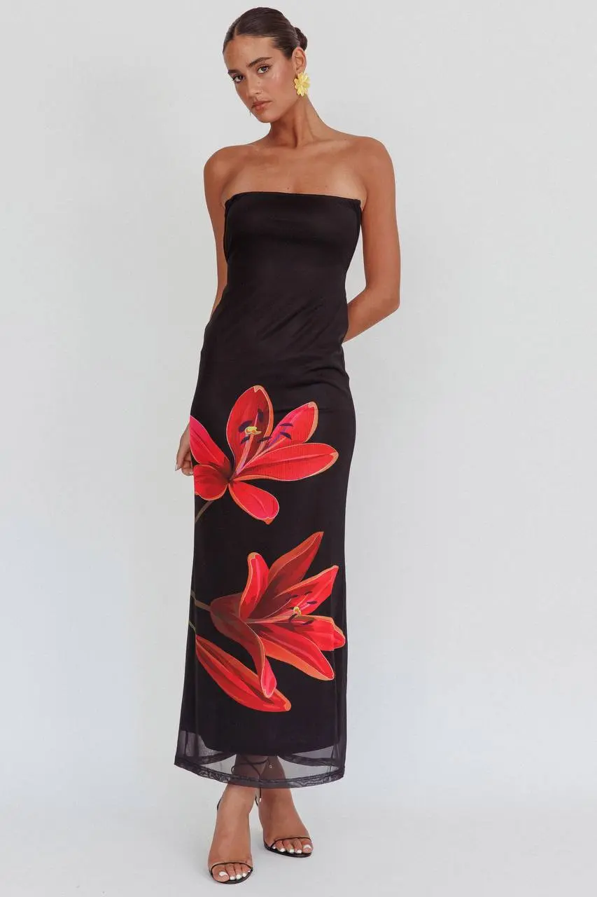 Robe Femme Longue Noire �� Fleurs Rouges