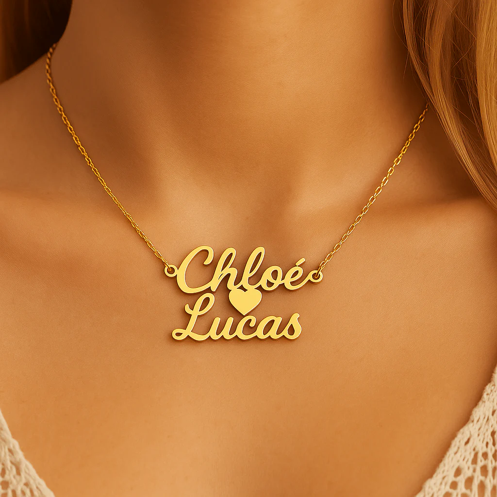 Collier 2 Pr��noms avec C?ur �C Acier Inoxydable Dor�� Personnalis��