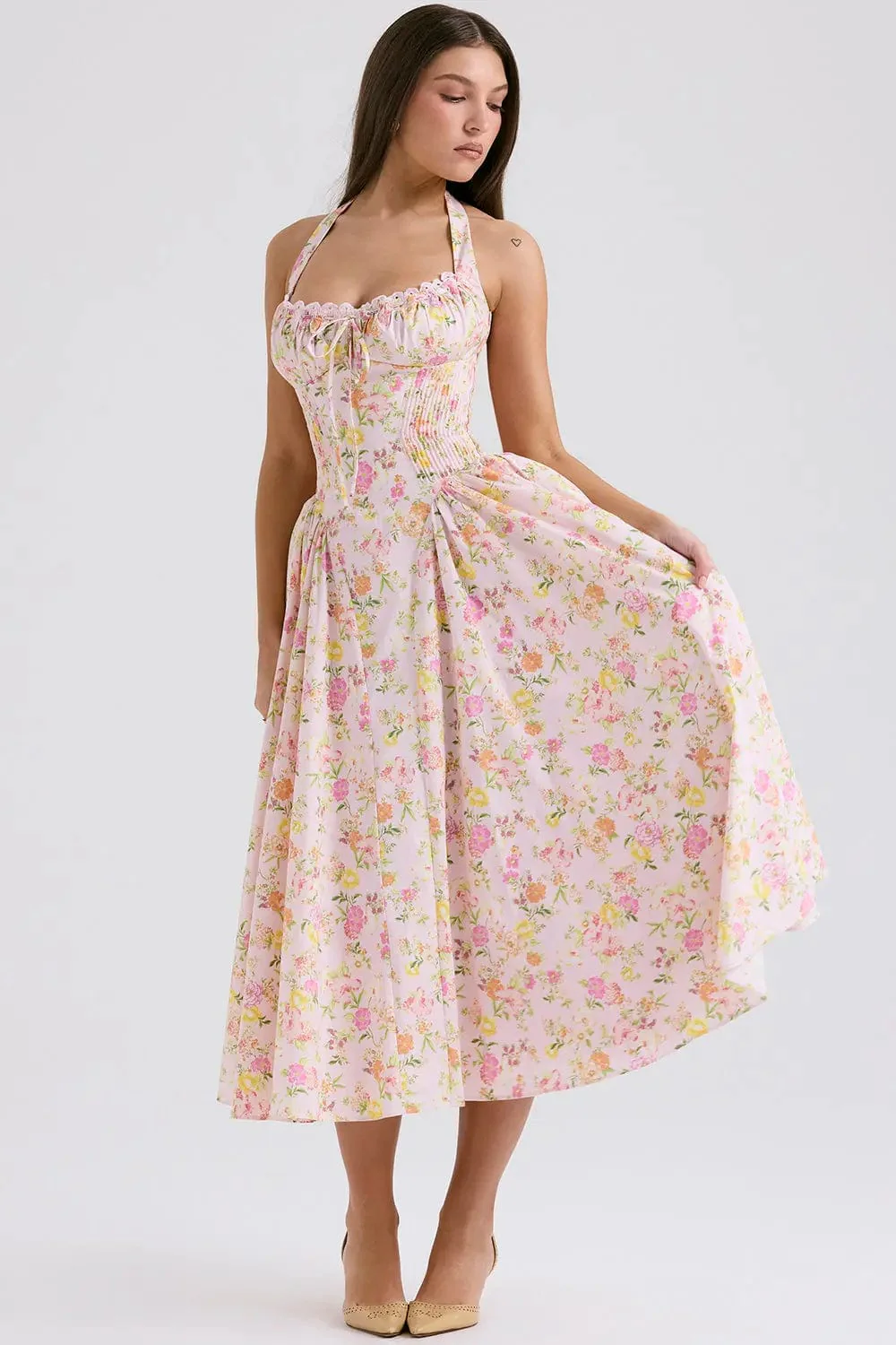 Robe Midi ��lise �C Corsage Fronc�� et Imprim�� Floral Romantique