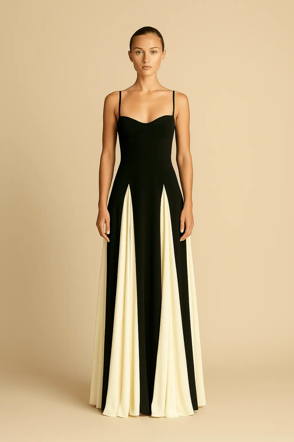 Robe Longue Bicolore �C Bretelles Fines et Jupe Fluide Contrast��e