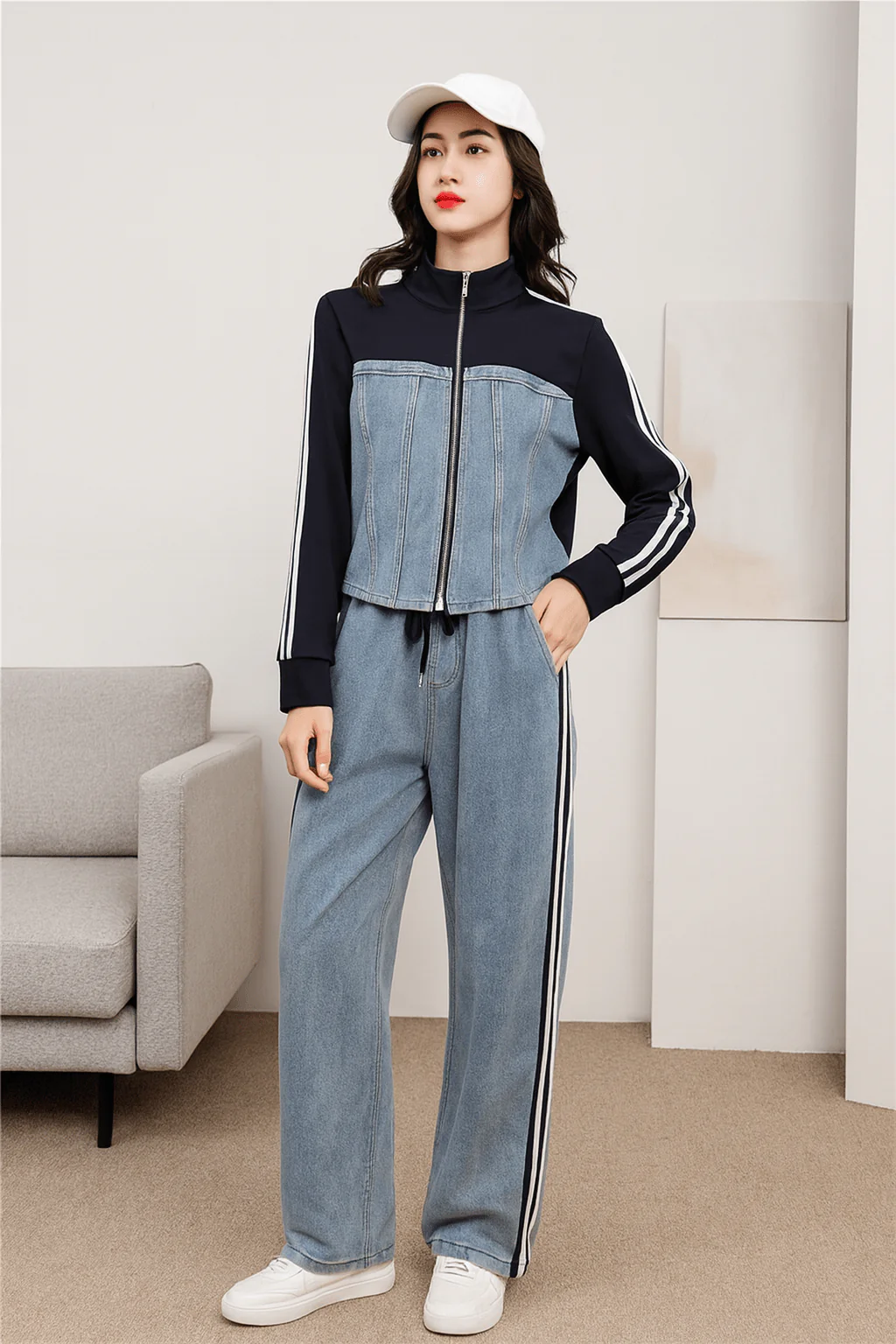 Ensemble veste pantalon femme denim assorti ��l��gance coordonn��e