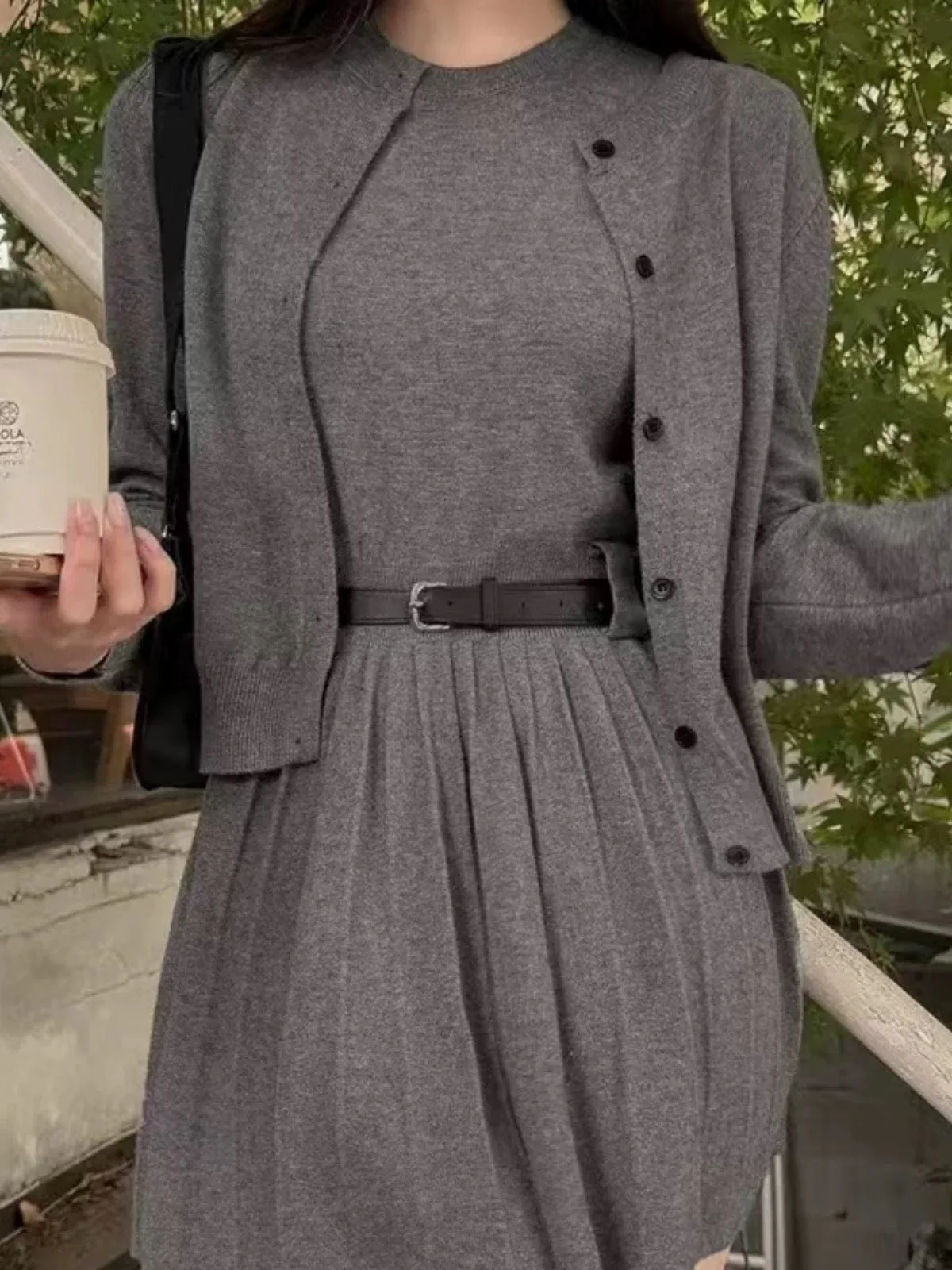 Ensemble robe tricot veste femme style preppy ceinture - tenue compl��te