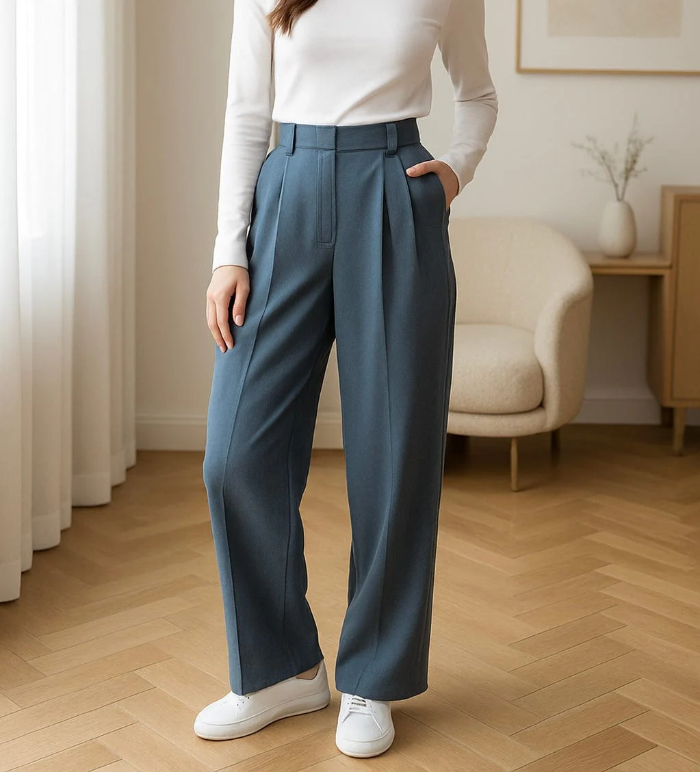 Pantalon femme large taille haute taupe clair chic et moderne