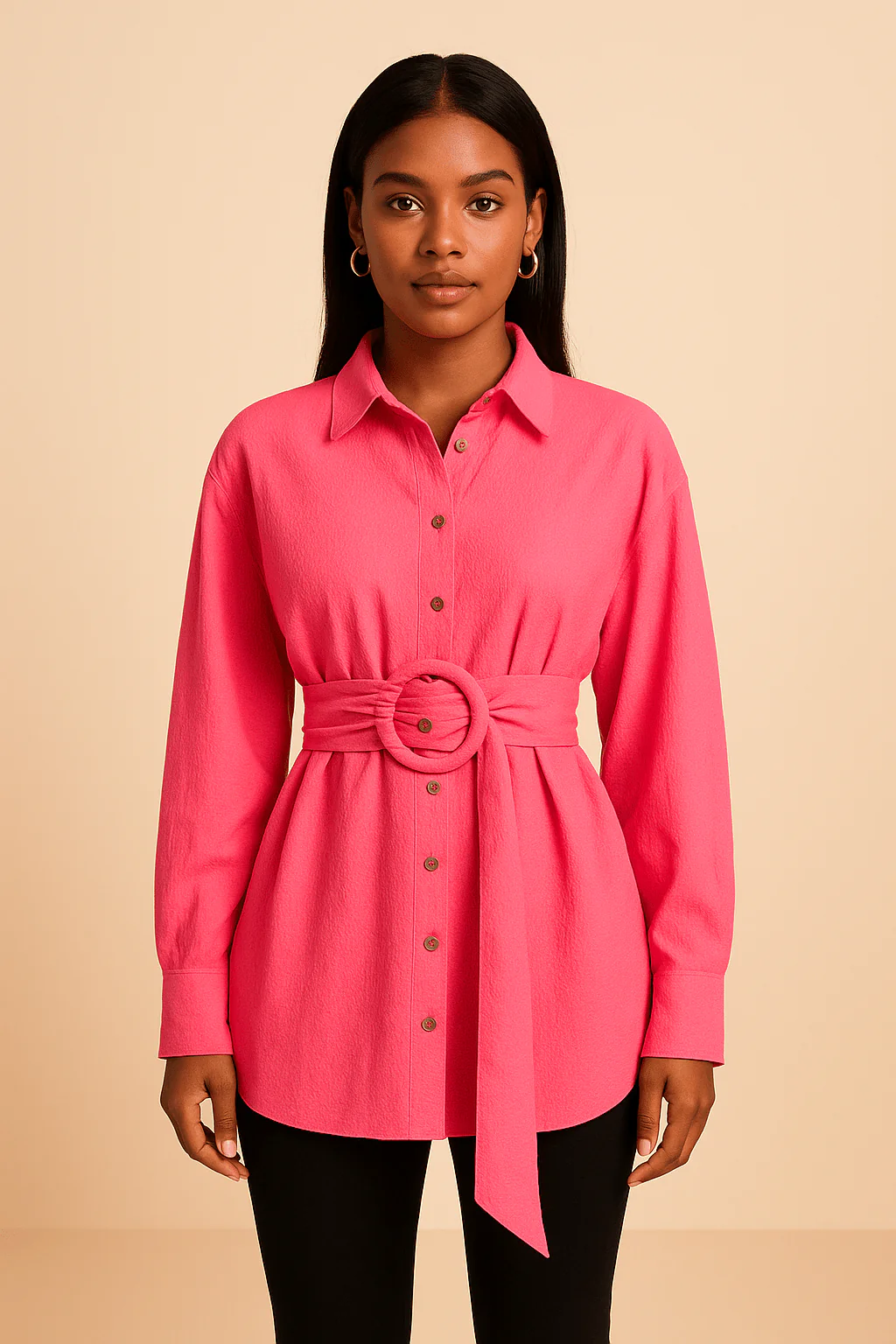 Chemisier Blanc Ceintur�� avec Boutons et Boucle Ronde �C Minimalisme Structur��