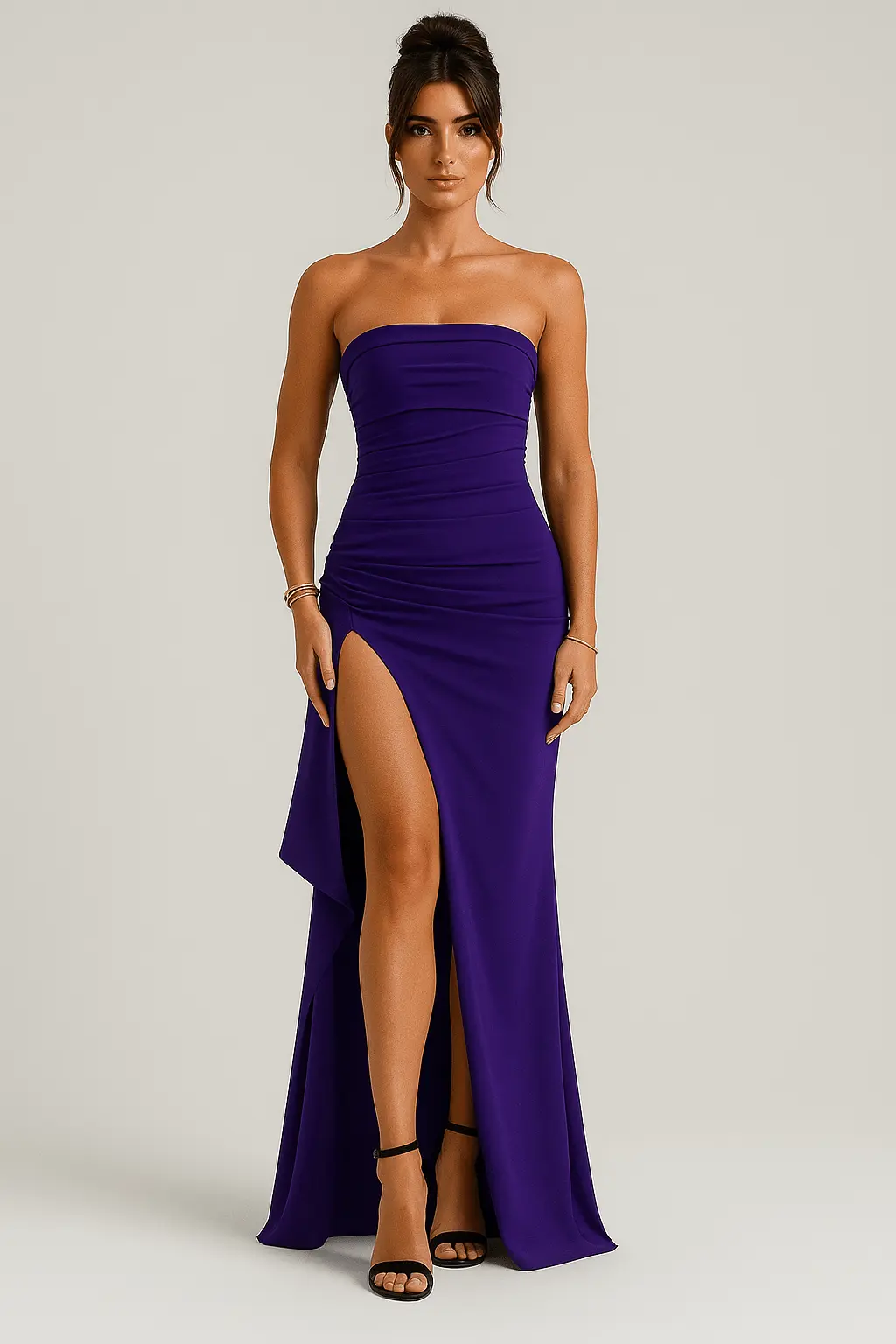 Robe Longue Sans Bretelles �C Drap��e Taille Haute et Fente Lat��rale