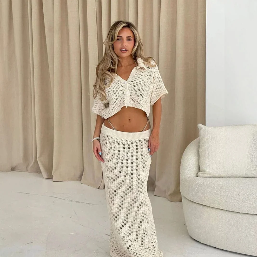 Ensemble femme boh��me chic : top court d��contract�� et jupe longue taille haute en coton l��ger