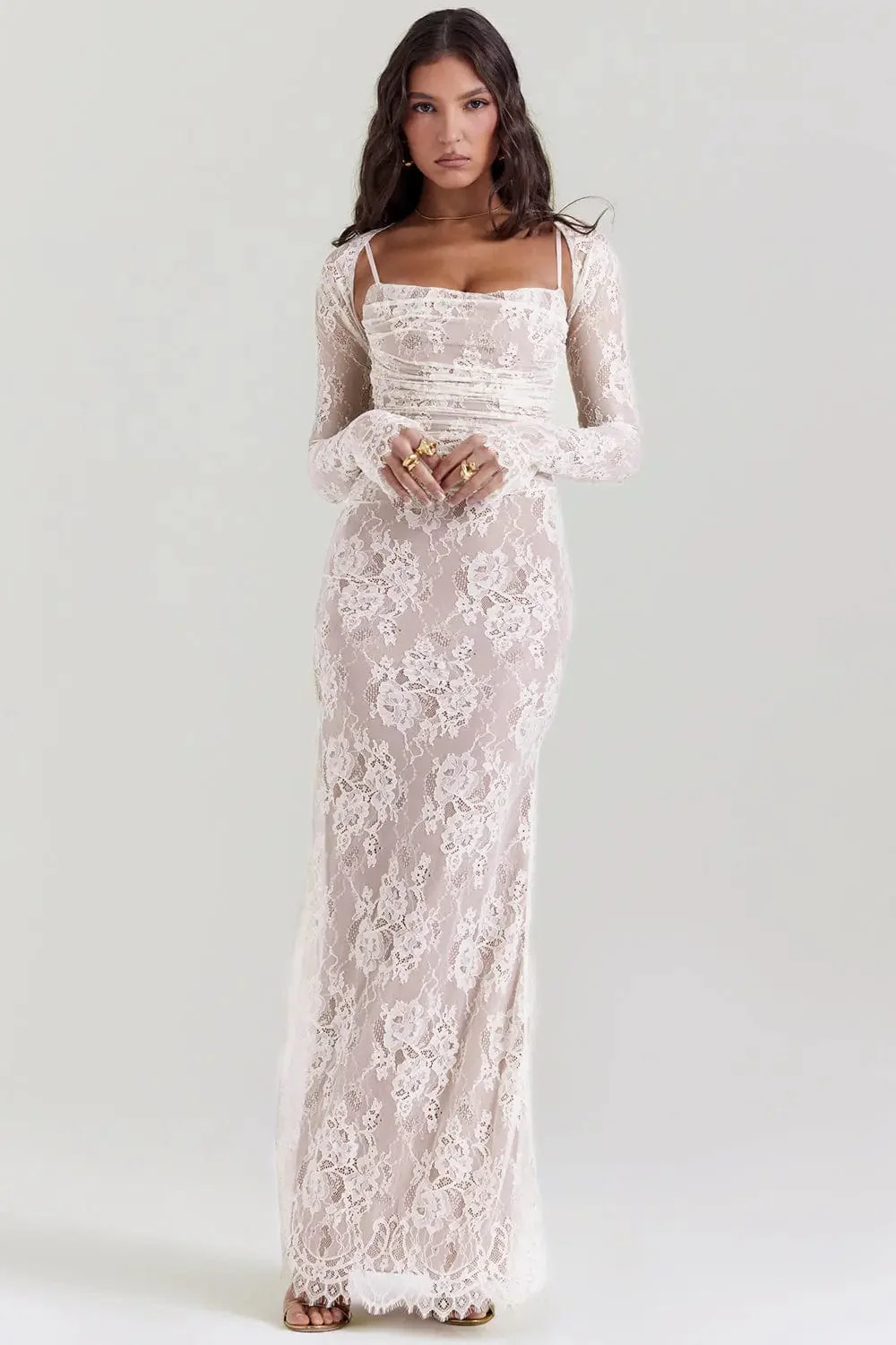 Robe Maxi Ad��le en Dentelle �C Corsage Structur�� et Dos Lac��