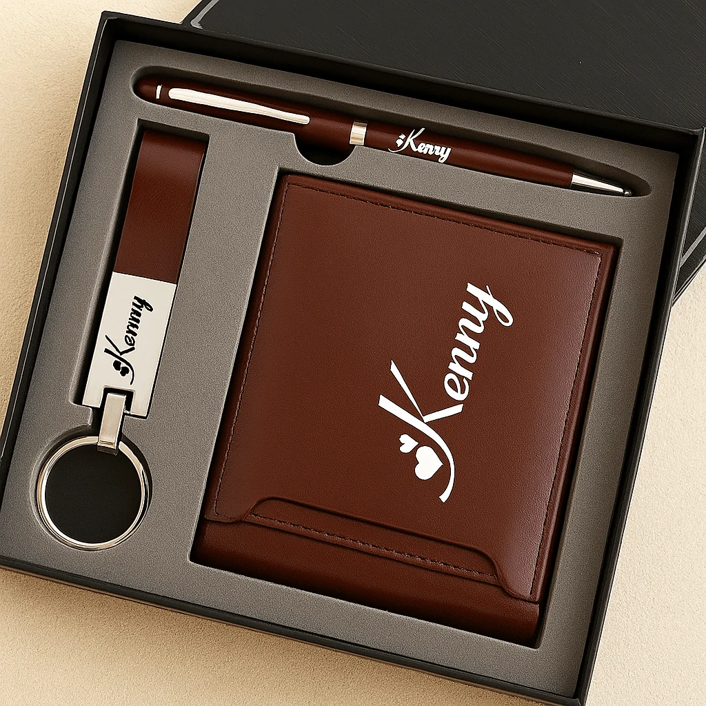 Coffret Cadeau Personnalisé Homme �?Portefeuille, Stylo et Porte-clé Gravés