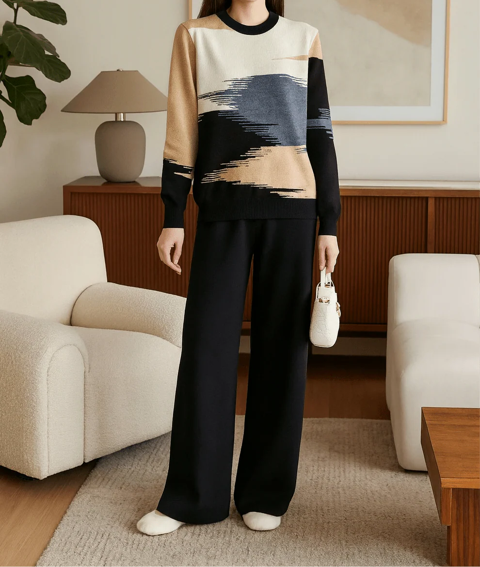 Ensemble motif abstrait pull artistique pantalon coordonn�� bicolore - cr��ativit�� moderne sophistiqu��e - MAX FOR ME