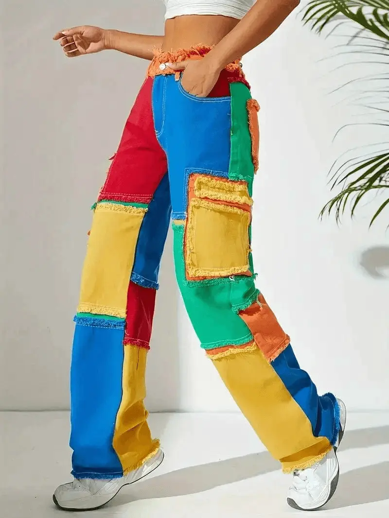 Pantalon Patchwork en Jean Color��  - Style R��tro et Tendance