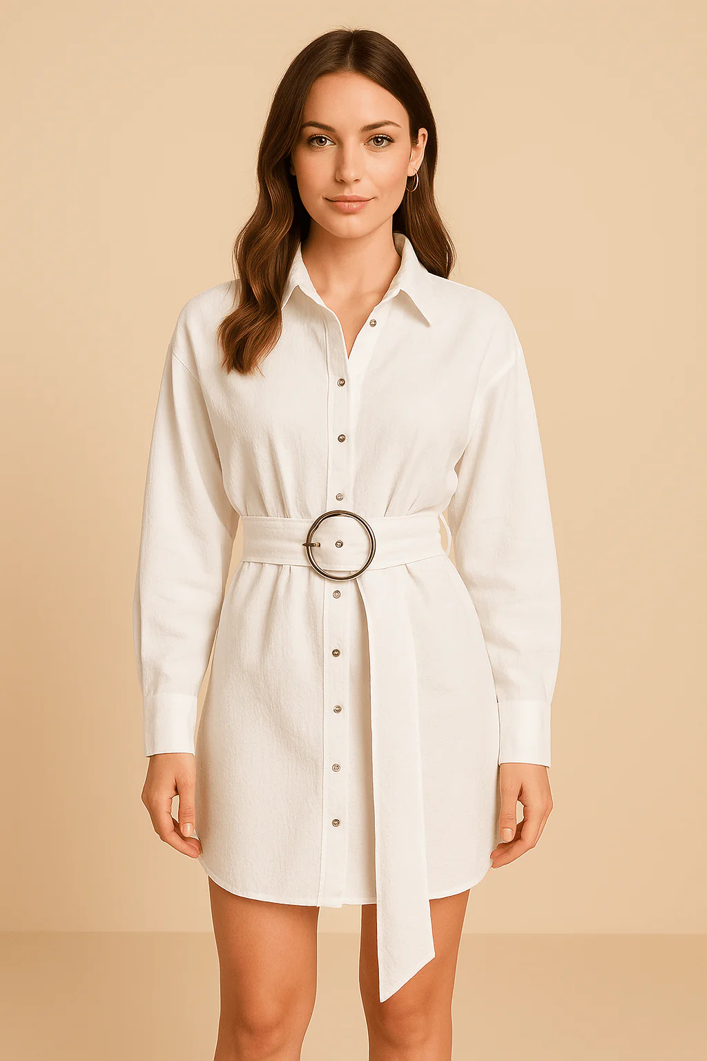 Chemisier Blanc Ceintur�� avec Boutons et Boucle Ronde �C Minimalisme Structur��