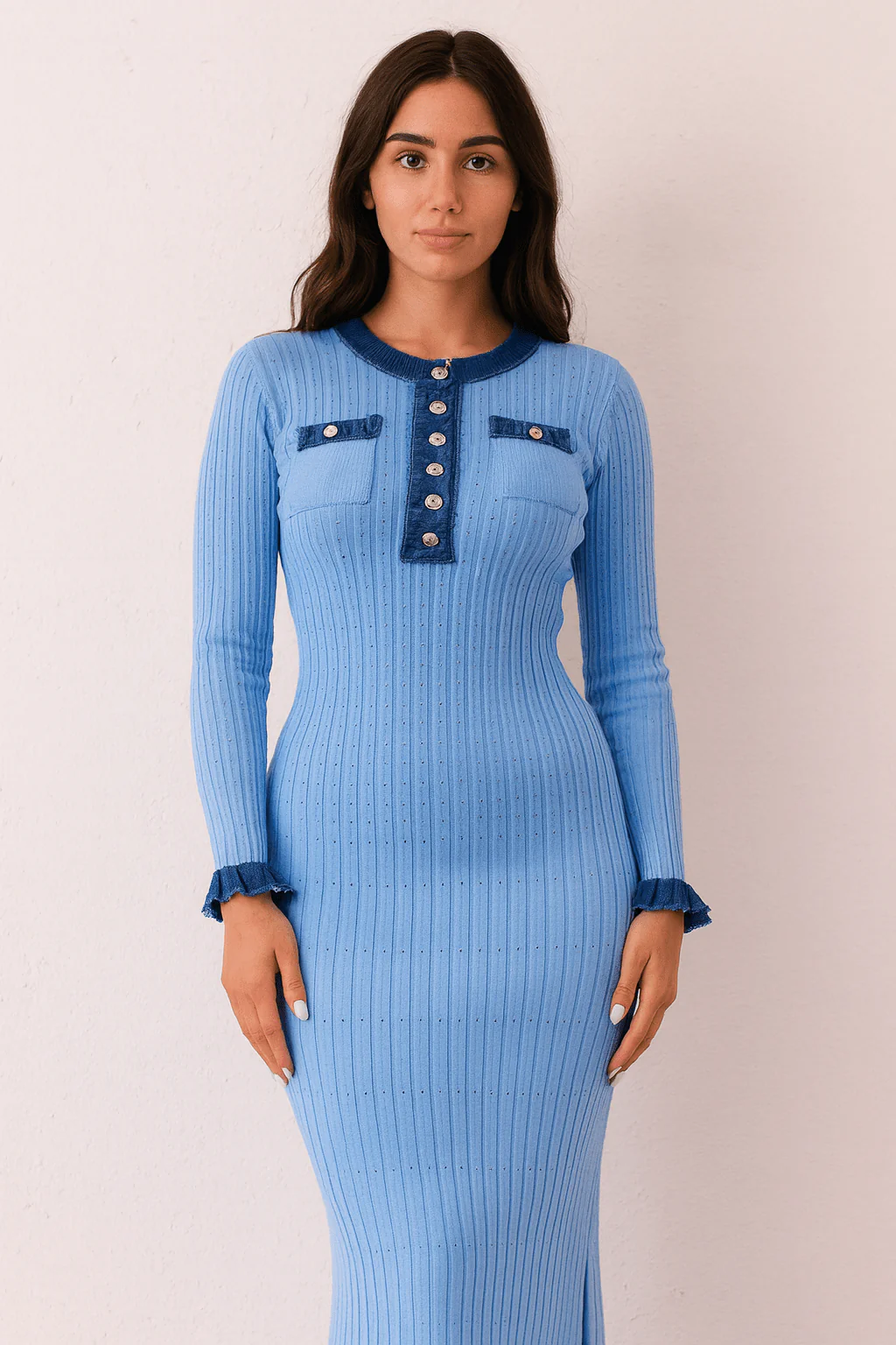 Robe femme bleue maille c?tel��e - empi��cements jean et coupe cintr��e ��l��gante
