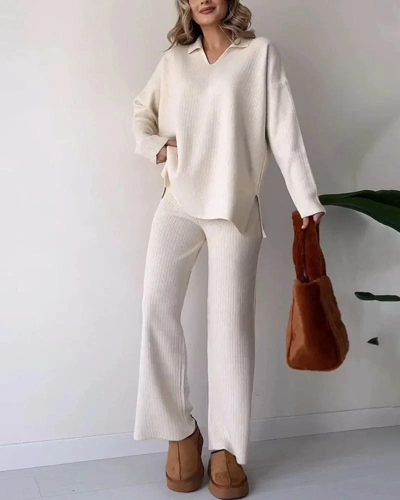 Ensemble femme c?tel�� - pull col V et pantalon large loungewear confort sophistiqu��