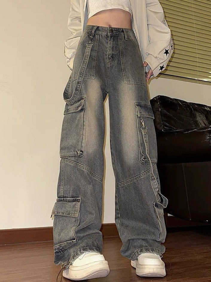 Jean Cargo Large en Denim avec Bretelles