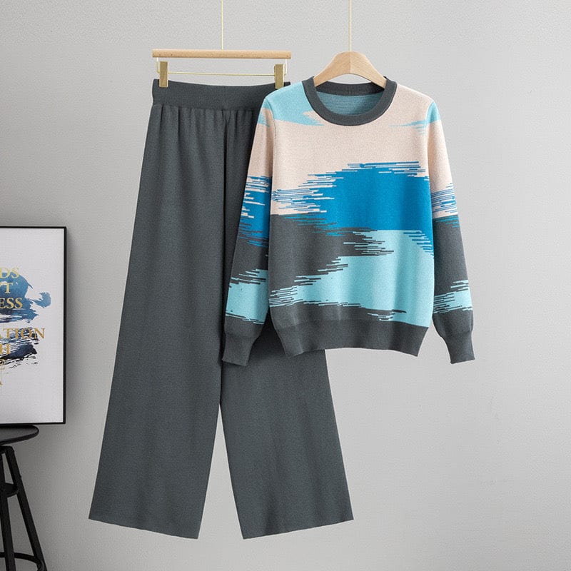 Ensemble motif abstrait pull artistique pantalon coordonn�� bicolore - cr��ativit�� moderne sophistiqu��e - MAX FOR ME