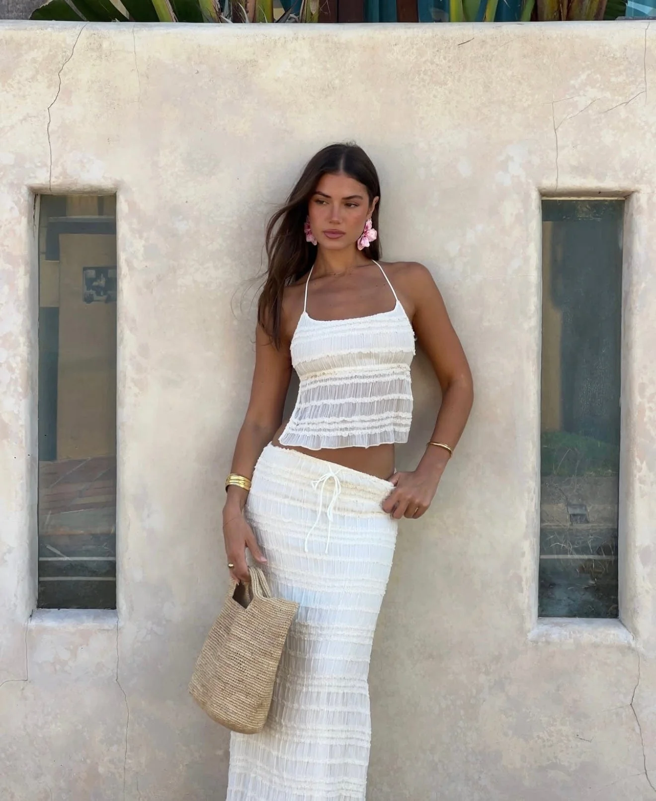 Ensemble jupe midi textur�� �C haut licou et taille cordon ajustable