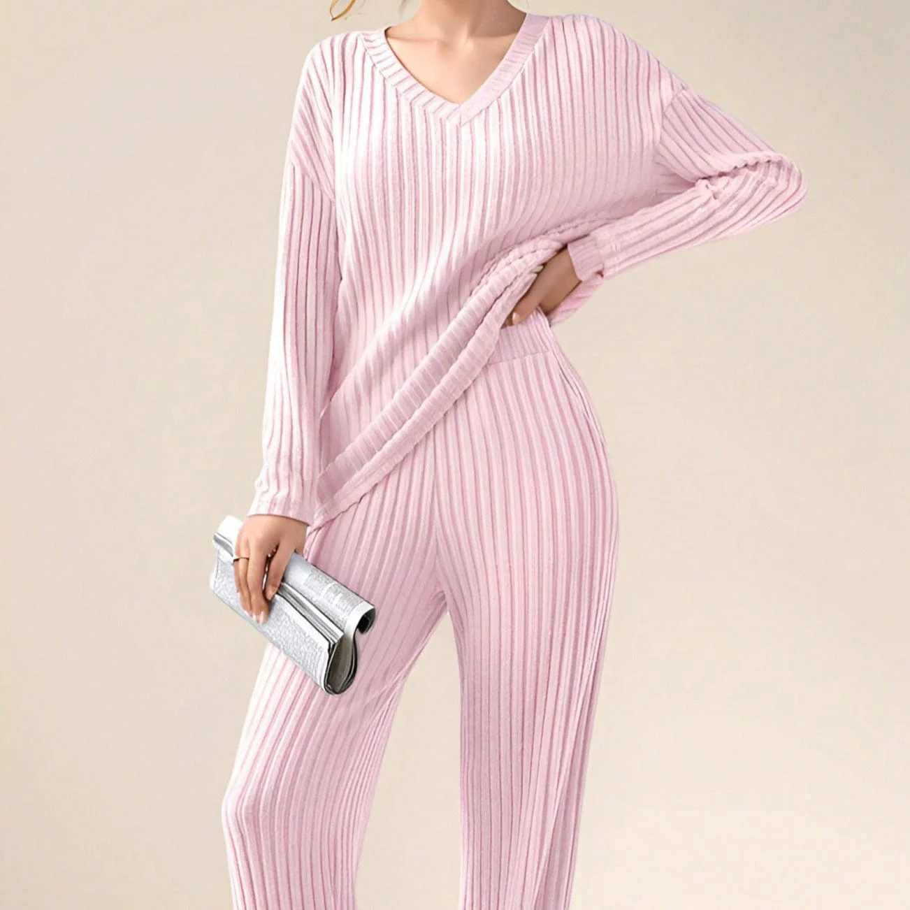 Ensemble en maille c?tel��e col V - un style chic et confortable - MAX FOR ME