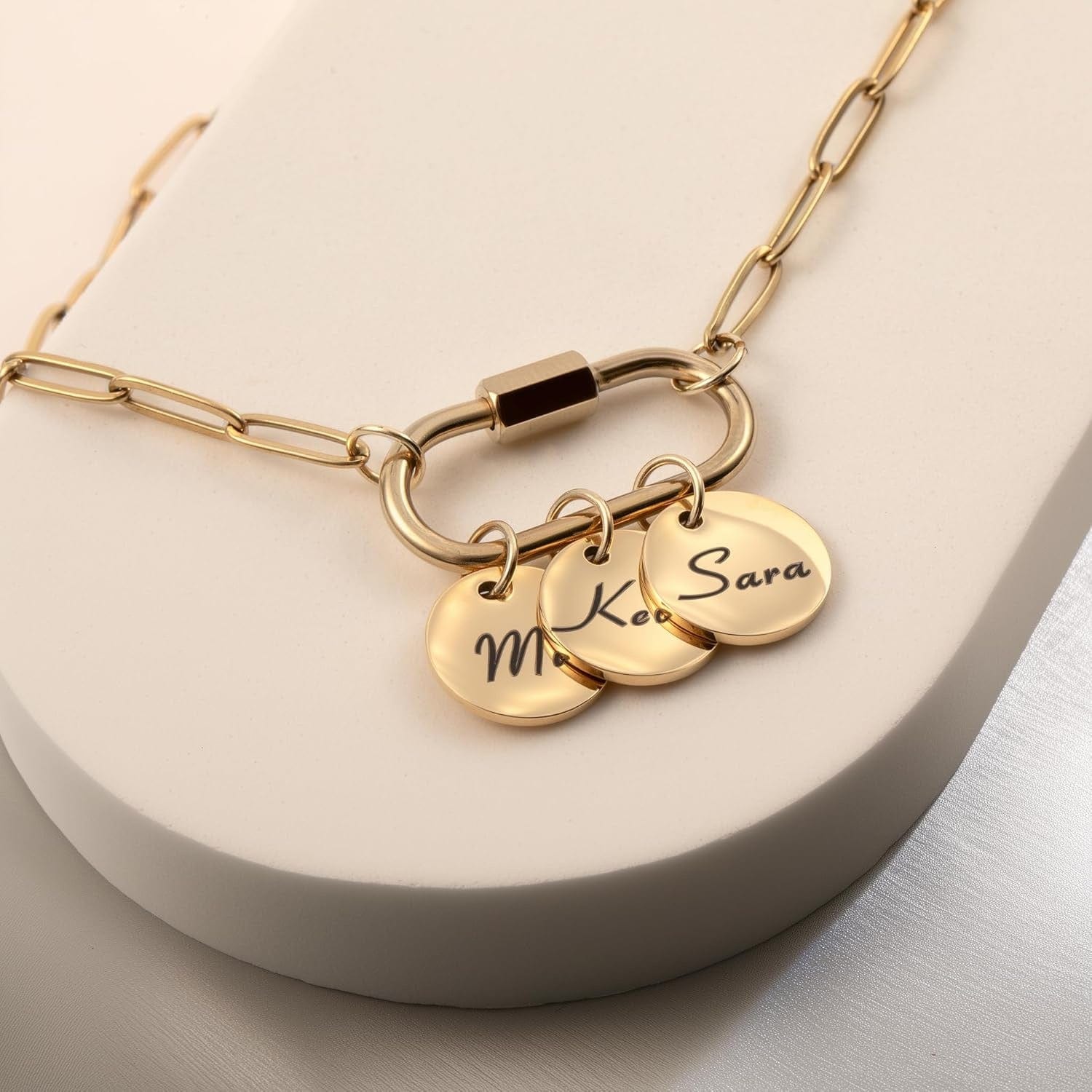 Collier à fermoir mousqueton en acier inoxydable, avec gravure personnalisée