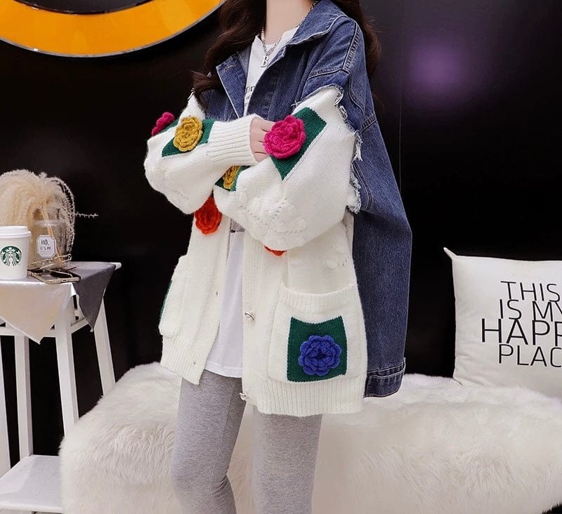 Cardigan femme maille et denim blanc empi��cements contrast��s - Style urbain moderne mi-saison