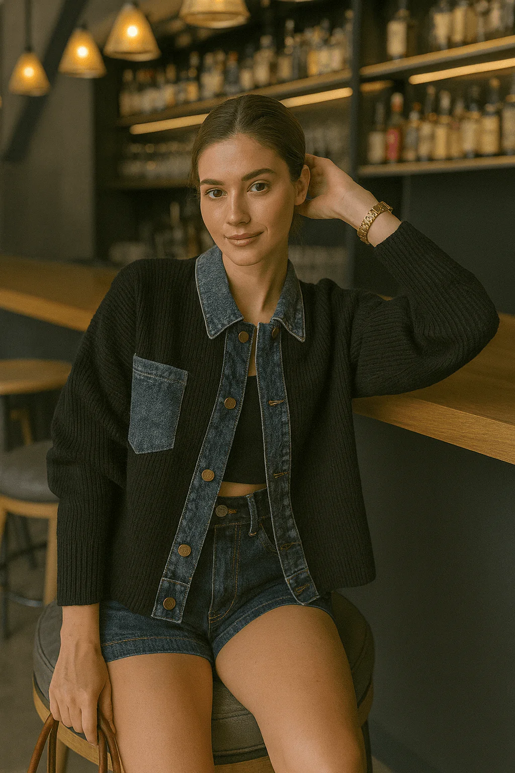 Cardigan femme noir maille d��tails denim chic moderne intemporel MAX FOR ME