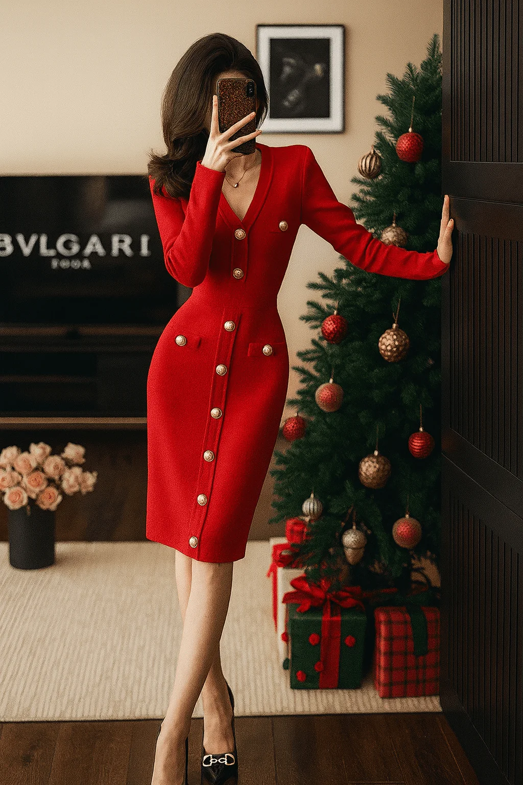 Robe longue maille luxueuse boutons dor��s chic ��l��gante automne hiver