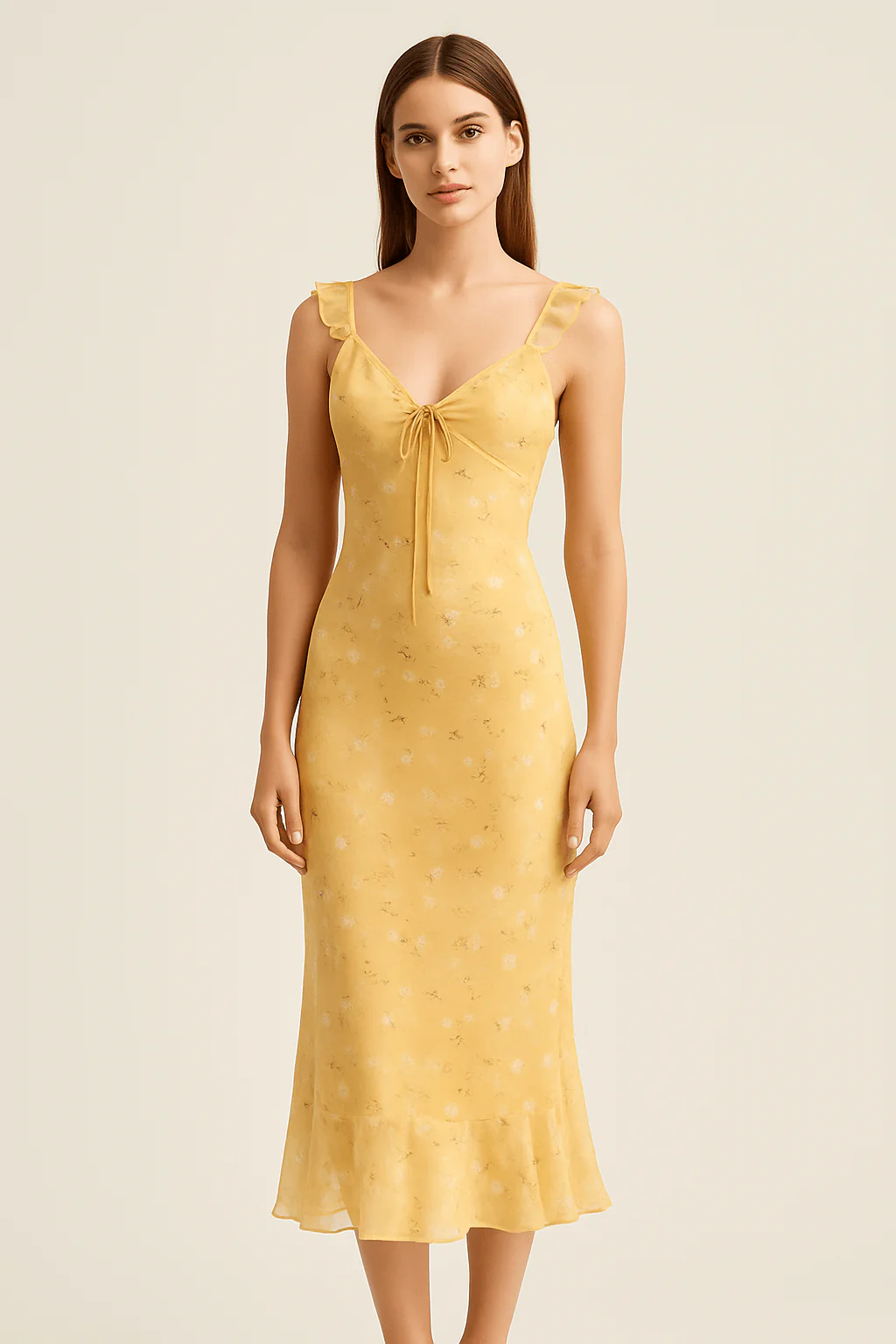 Robe Midi Femme Chic  Jaune  �� Volants Florale