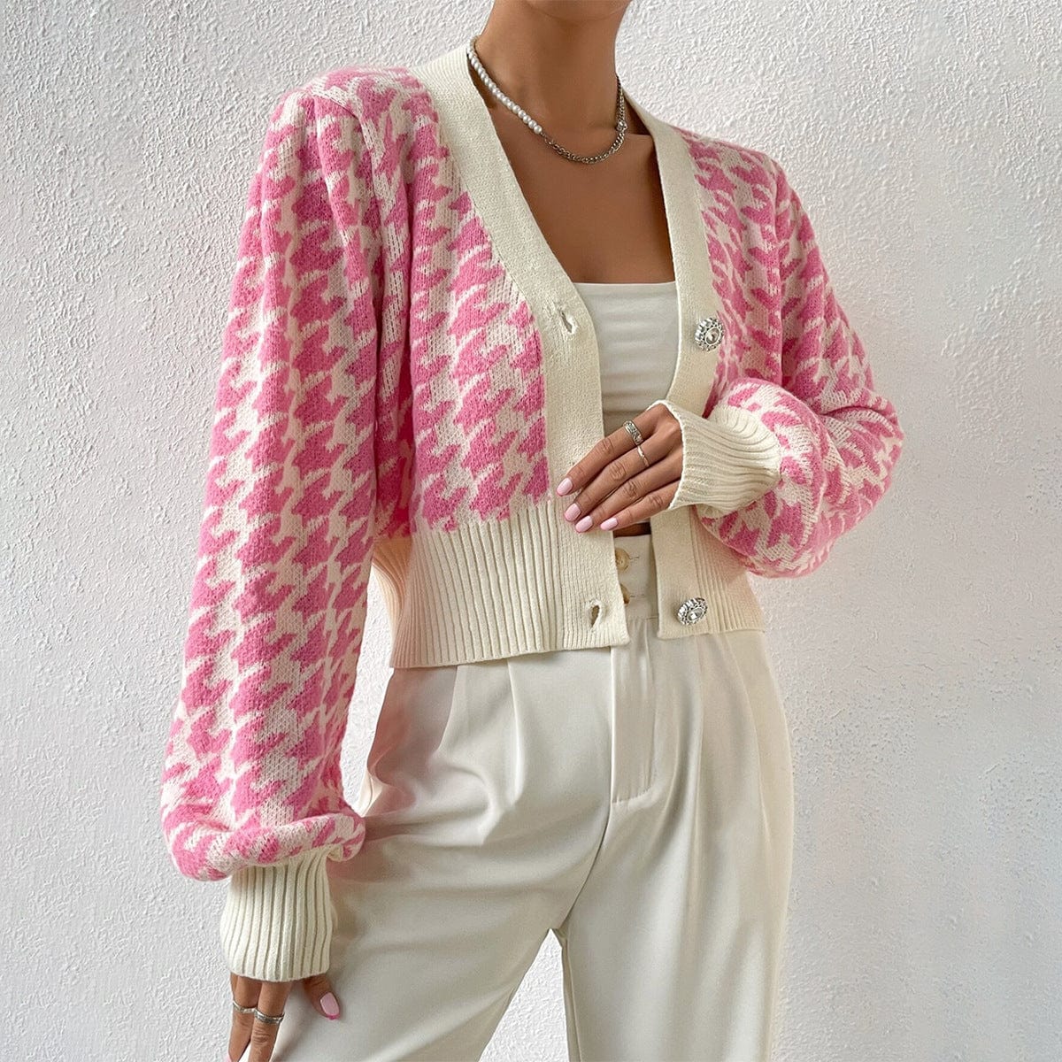 Cardigan court en maille pied-de-poule - manches bouffantes et style preppy - MAX FOR ME