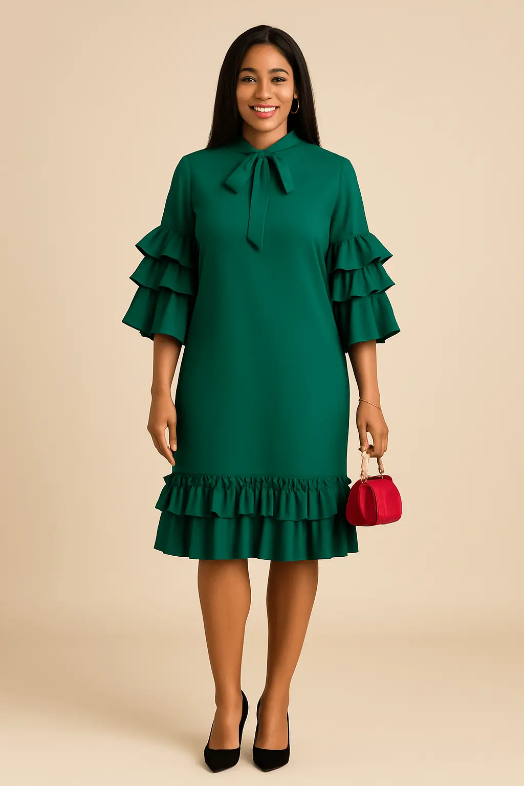 Robe mi-longue chaude, col n?ud papillon, manches et bas �� volants