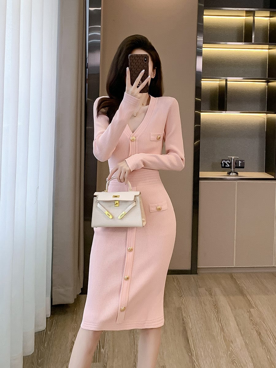 Robe longue maille luxueuse boutons dor��s chic ��l��gante automne hiver