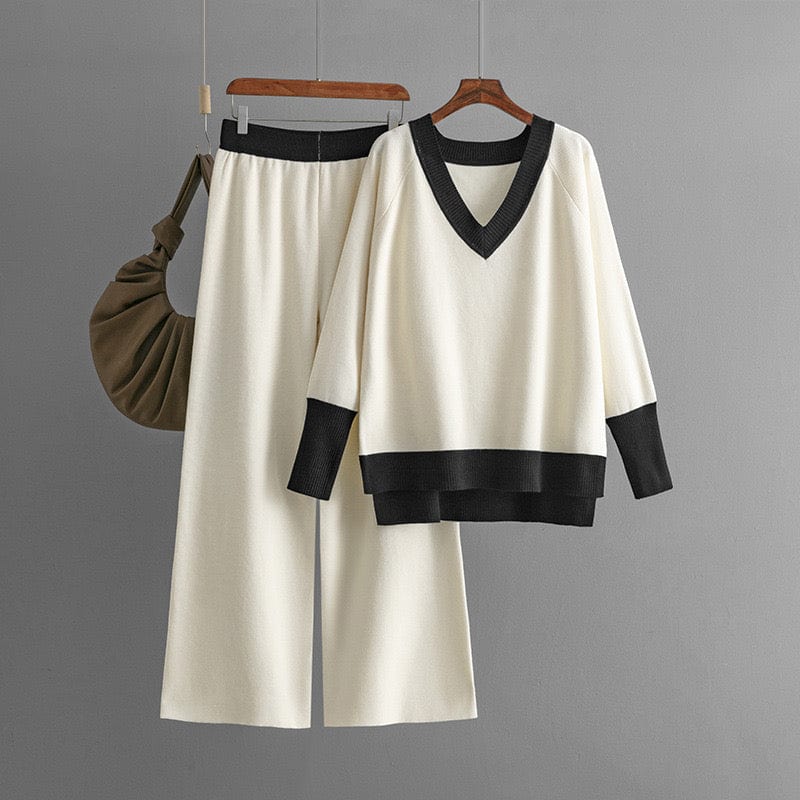 Ok _ Ensemble pull col V et pantalon large bicolore pour un style cocooning chic