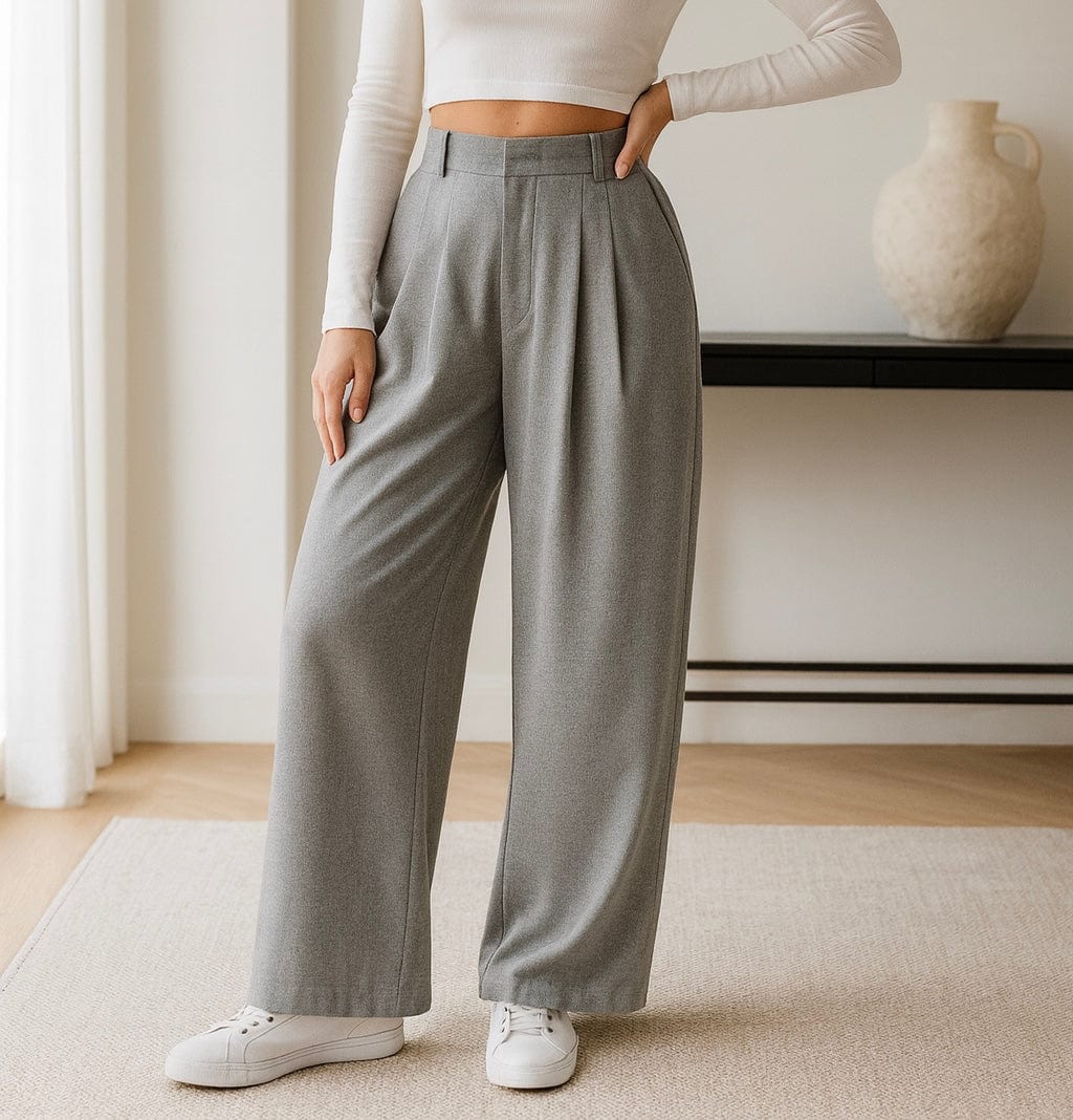 Pantalon femme large taille haute taupe clair chic et moderne