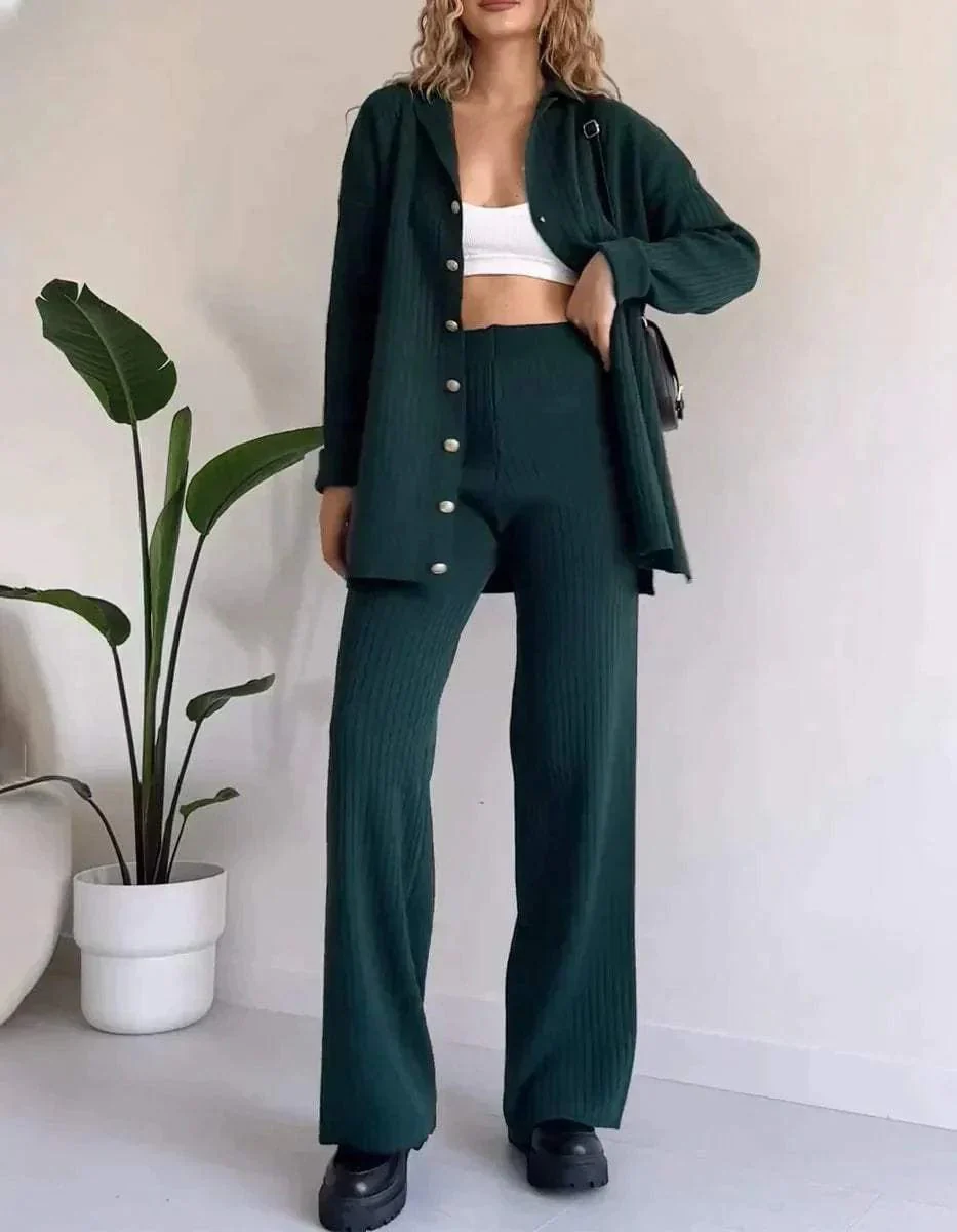 Ensemble deux pi��ces tricot c?tel�� - cardigan boutonn�� et pantalon large - MAX FOR ME