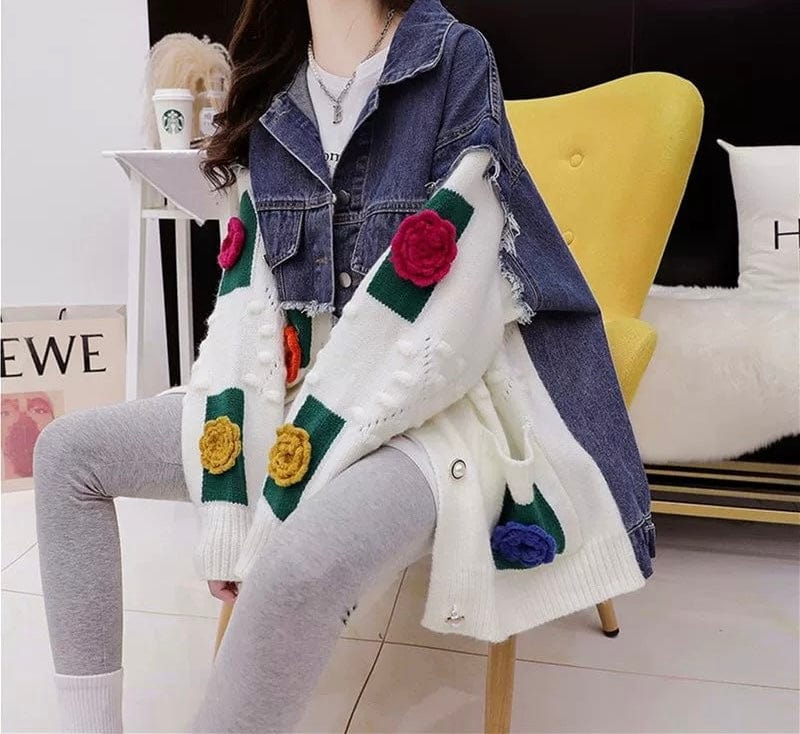 Cardigan femme maille et denim blanc empi��cements contrast��s - Style urbain moderne mi-saison