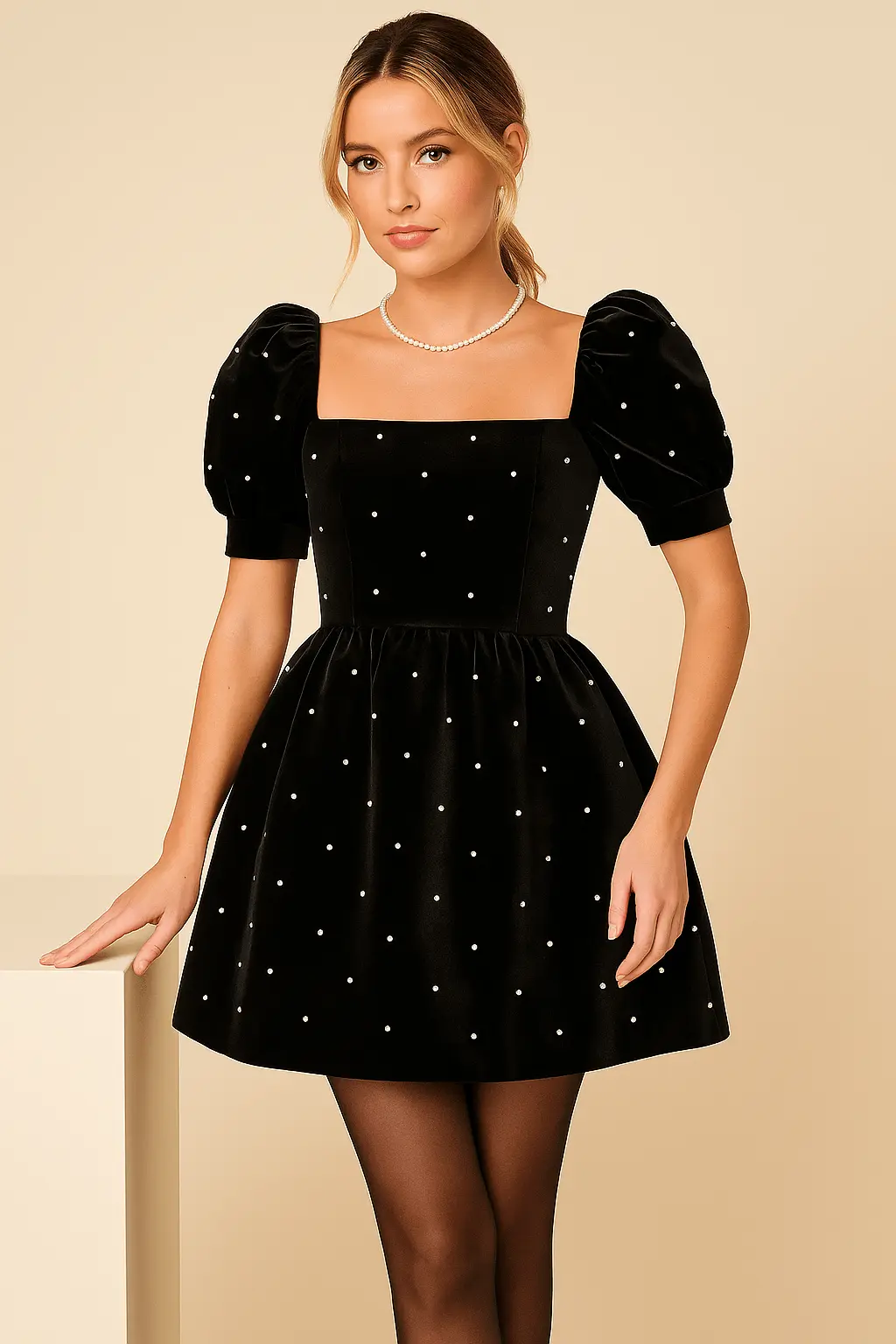 Robe Courte Col Carr�� et Manches Bouffantes �C D��tails Perles et Coupe ��vas��e