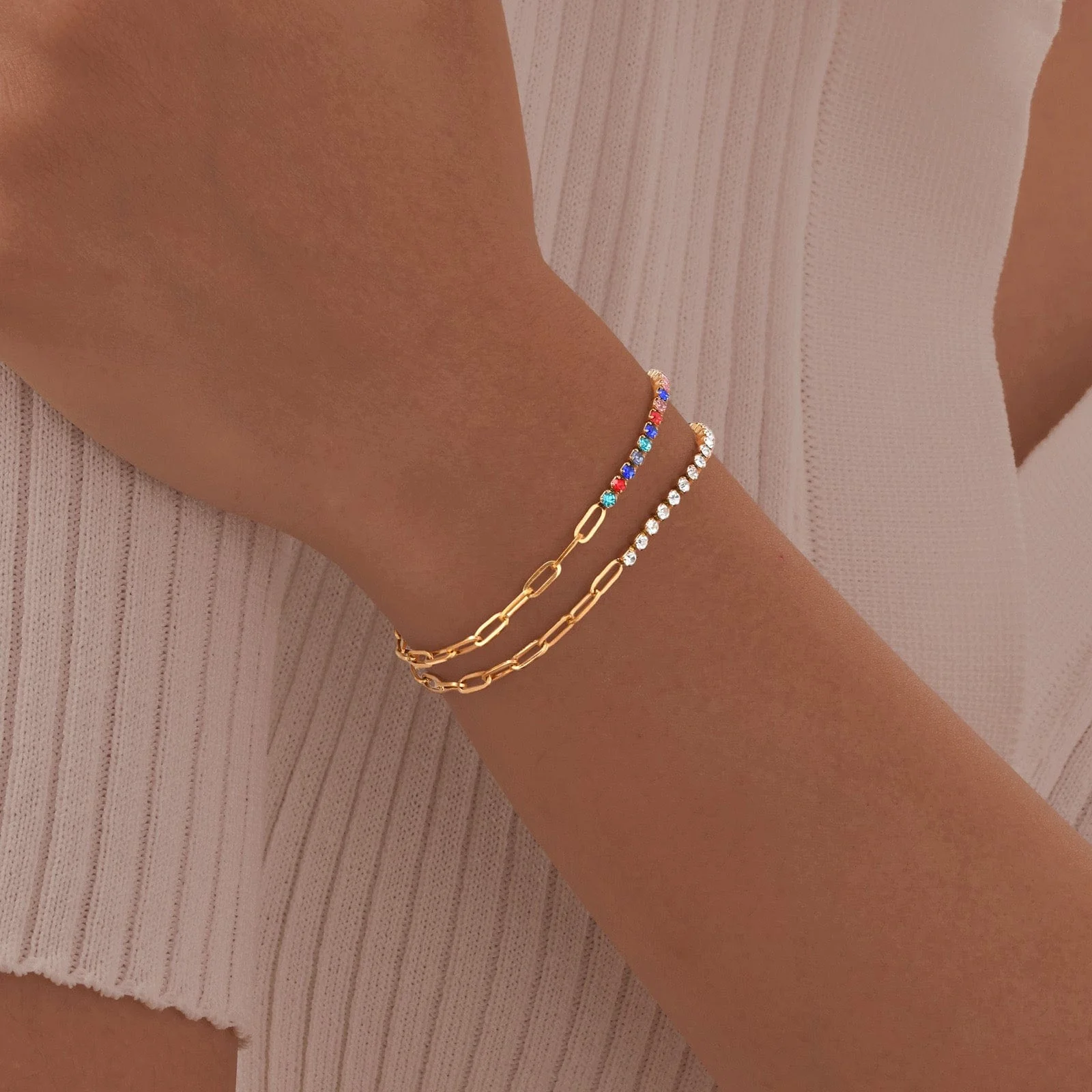 Bracelets dor��s 18K maillons fins strass color��s zirconiums ��l��gance MAX FOR ME