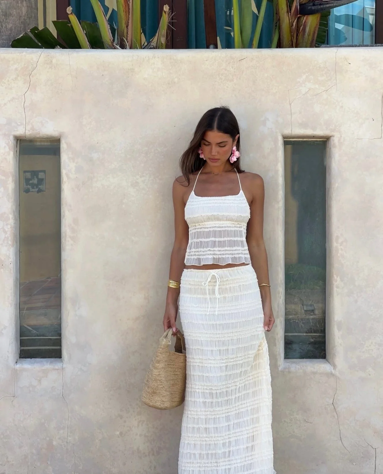 Ensemble jupe midi textur�� �C haut licou et taille cordon ajustable