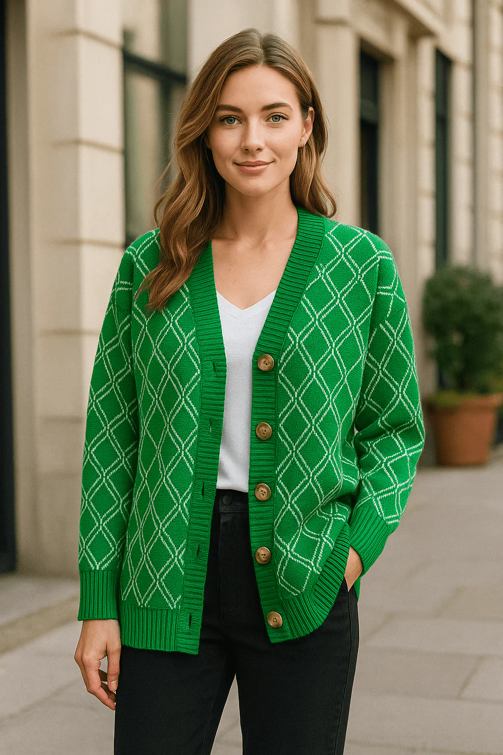 Cardigan motif losanges col V maille ample automne hiver MAX FOR ME