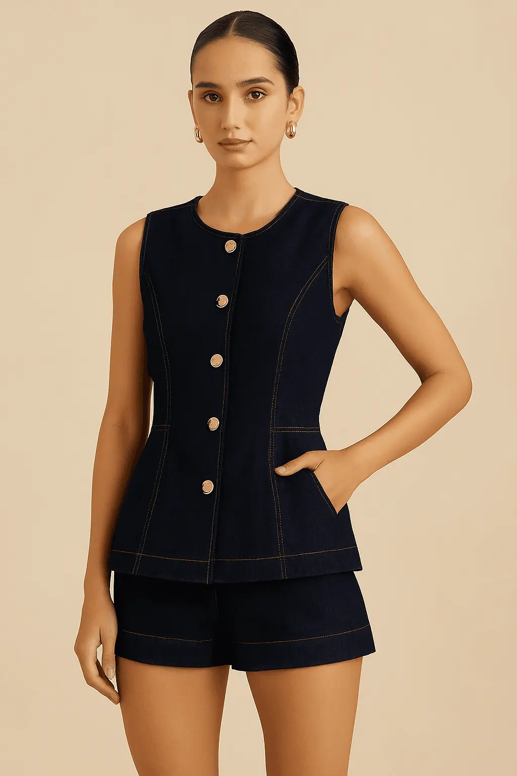 Ensemble 2 pi��ces en denim �C Top �� boutonnage simple & short taille haute