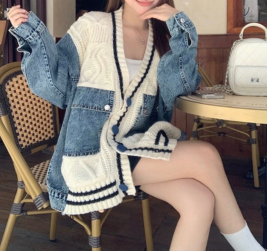 Cardigan oversize femme denim et maille automne-hiver Max for Me - Style urbain d��contract��