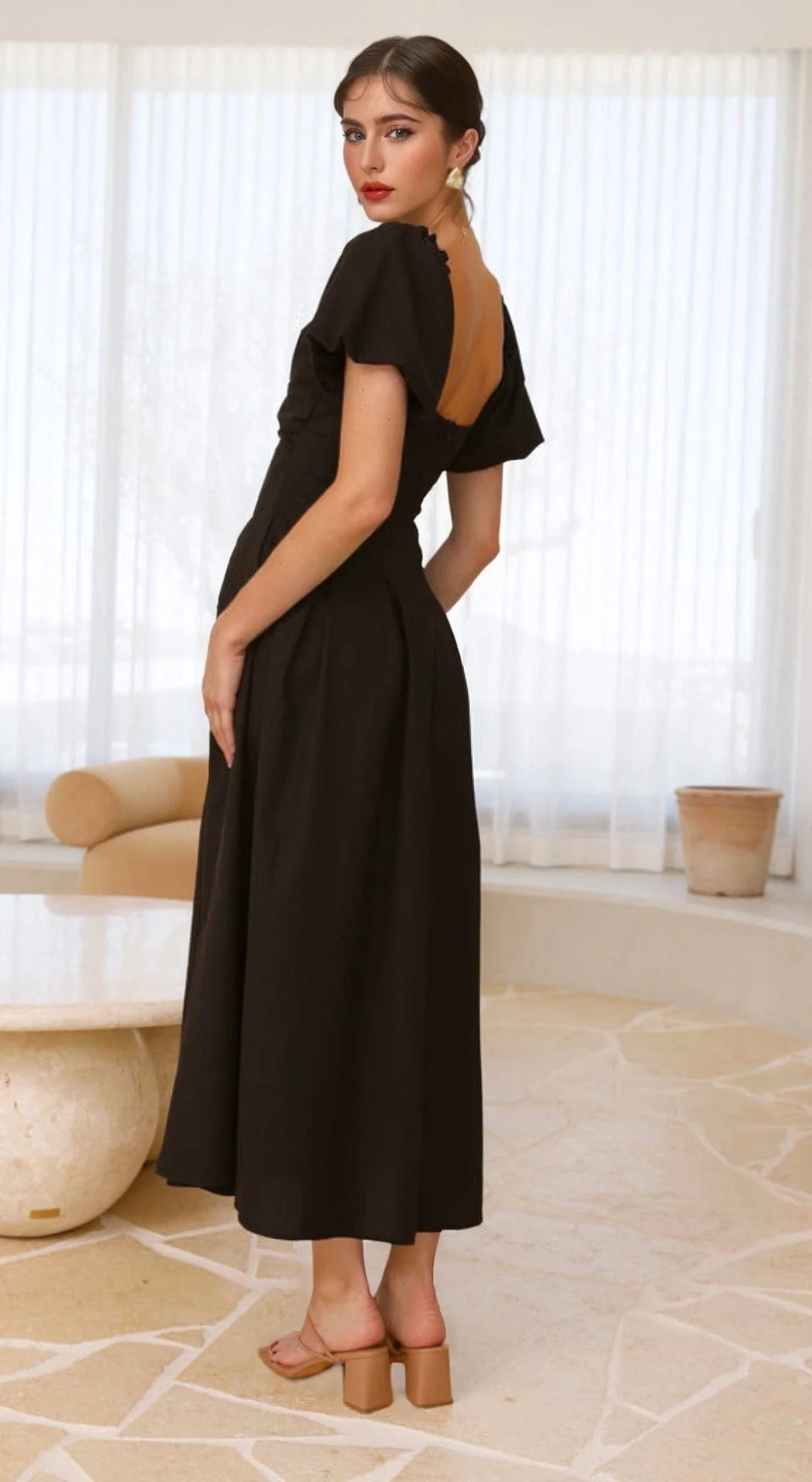 Robe Maxi ��paules D��nud��es avec Manches Bouffantes �C ��l��gance D��contract��e