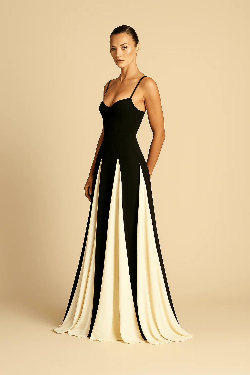 Robe Longue Bicolore �C Bretelles Fines et Jupe Fluide Contrast��e