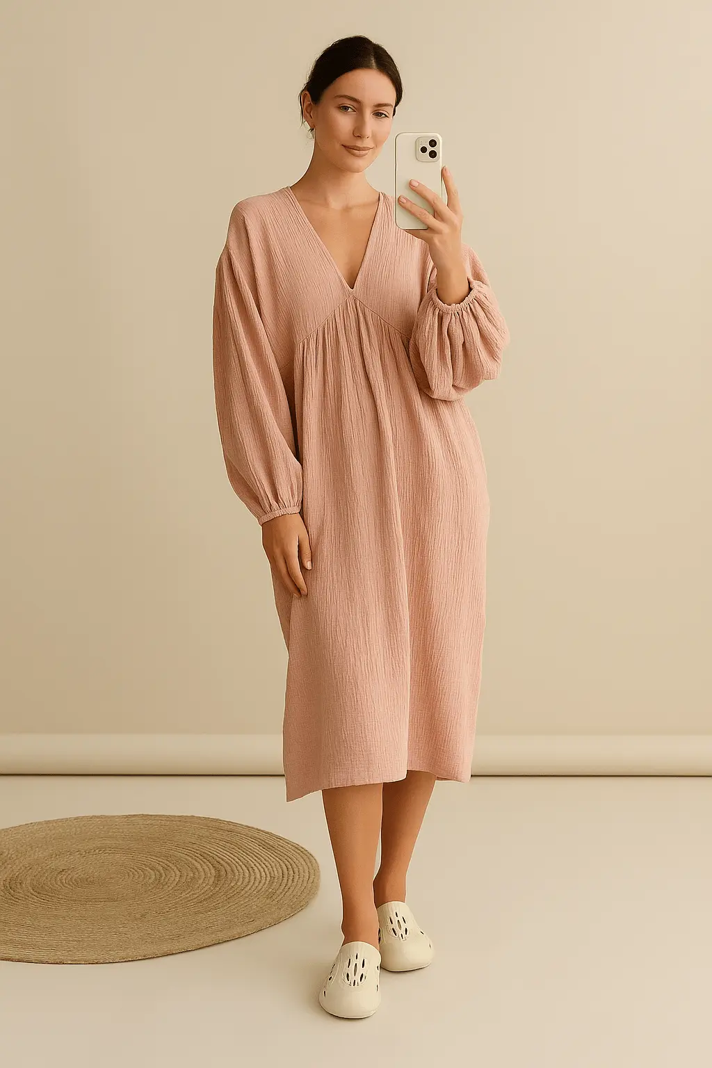 Robe longue de plage en coton et lin - Col en V- Fluide et L��g��re