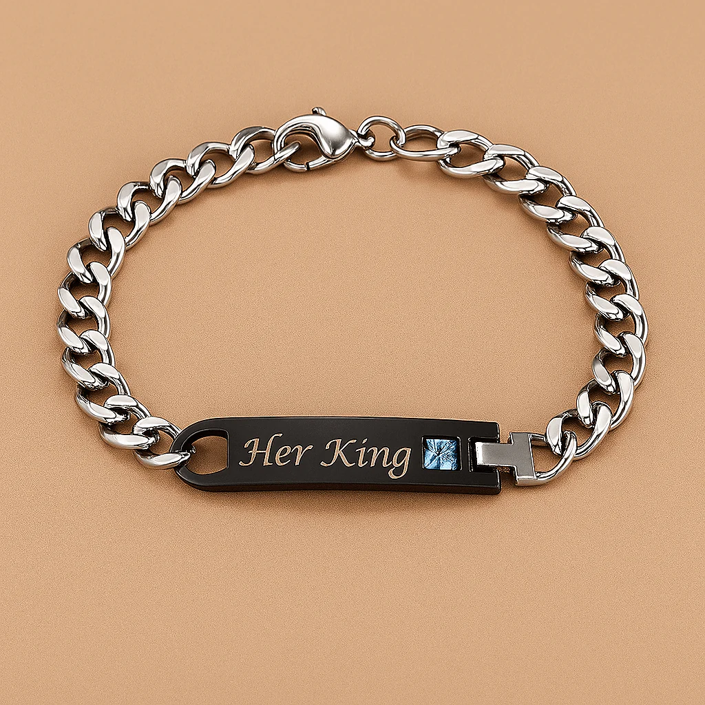 Duo Bracelets assortis pour couple �?Gravés “His Queen & Her King�?en acier inoxydable