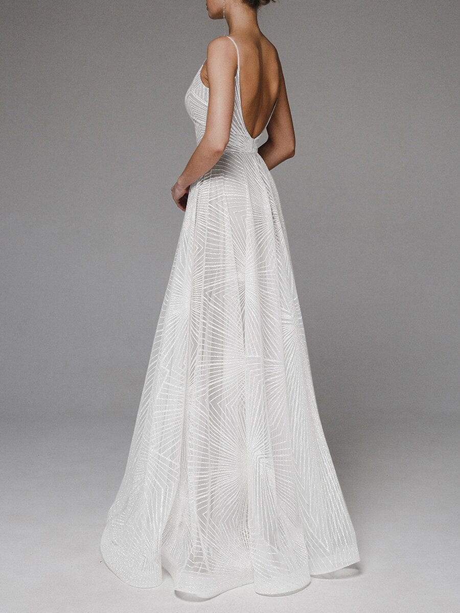 Robe Longue brod��e blanche �C Encolure dos en V et silhouette fluide d����t��