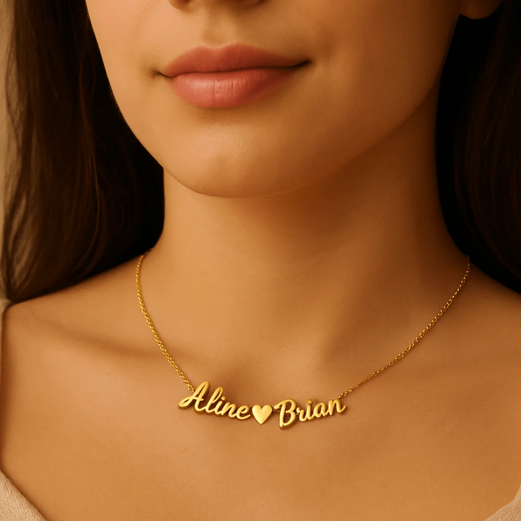 Collier 2 Pr��noms avec C?ur �C Acier Inoxydable Dor�� Personnalis��