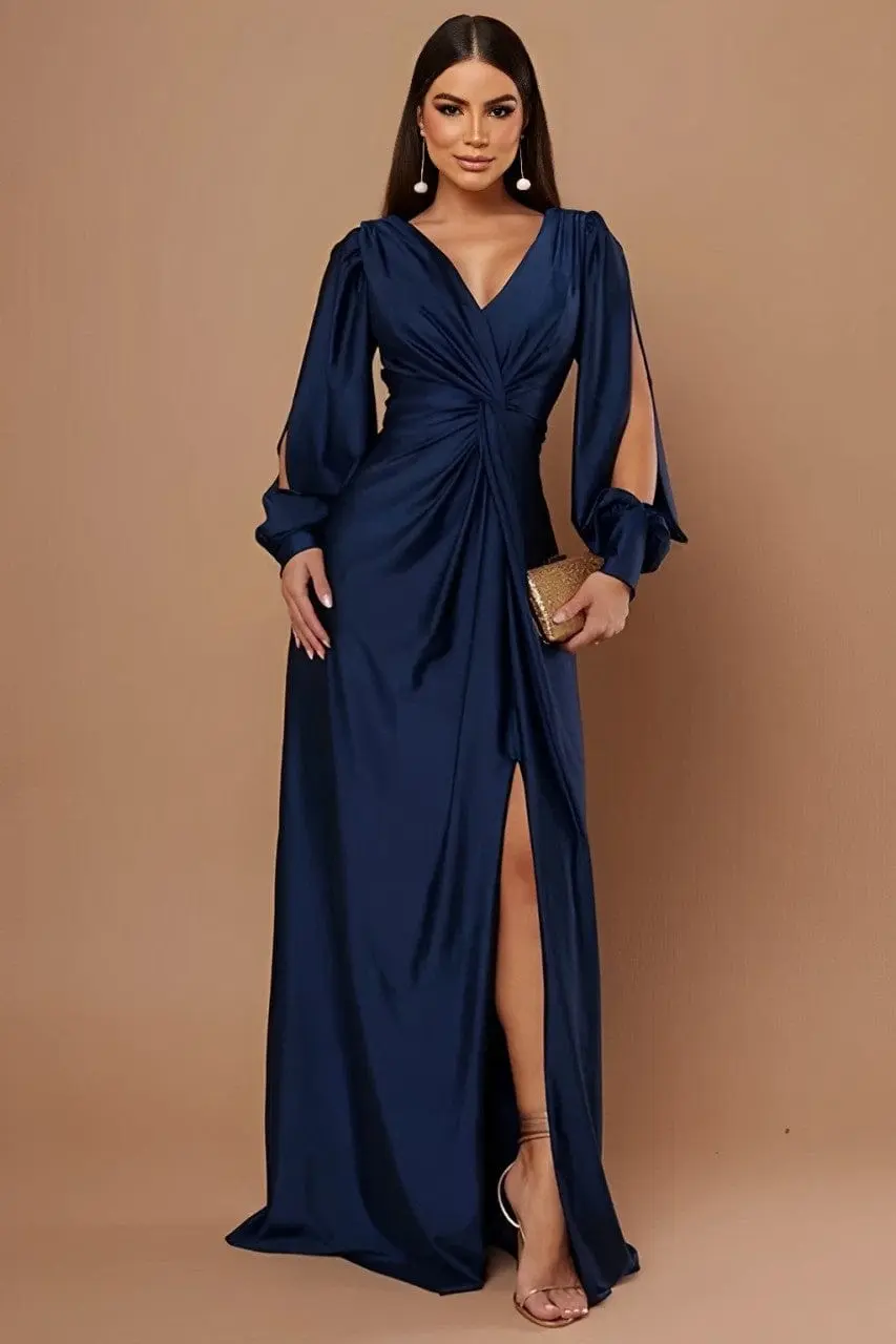 Robe Longue Satin��e �� Manches Fendues �C Fente ��l��gante et Drap�� Flatteur