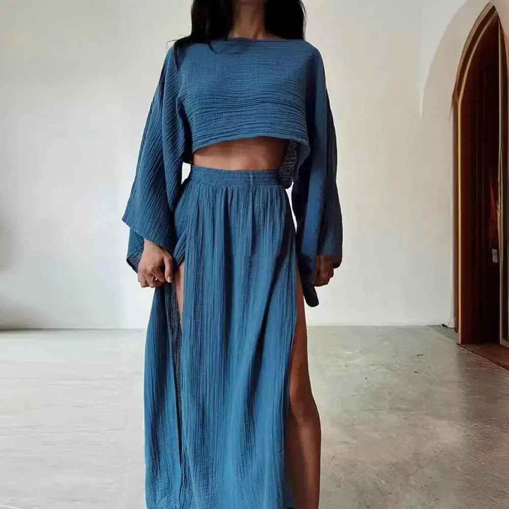 Ensemble deux pi��ces coton-lin �C Haut ample & jupe fendue taille haute