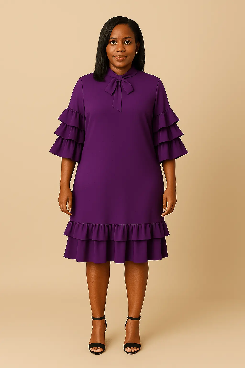 Robe mi-longue chaude, col n?ud papillon, manches et bas �� volants